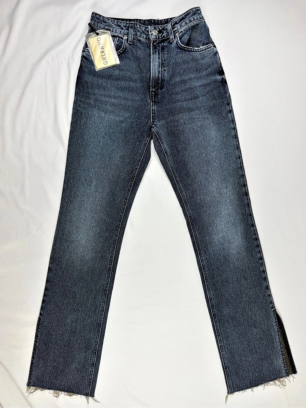 NWT GRLFRND High Rise Straight Jeans 27 Redondo Pier Raw Hem Slit
